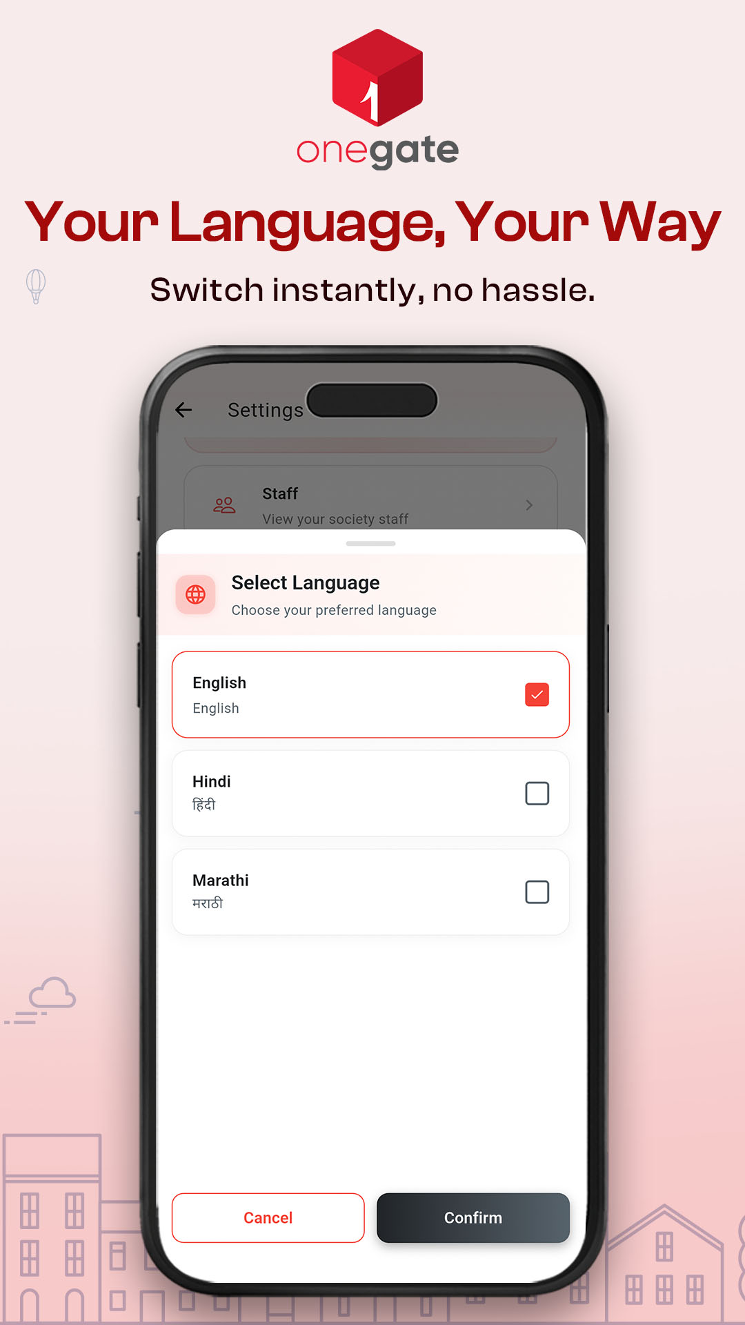 onegate language selection — English, Hindi, Marathi